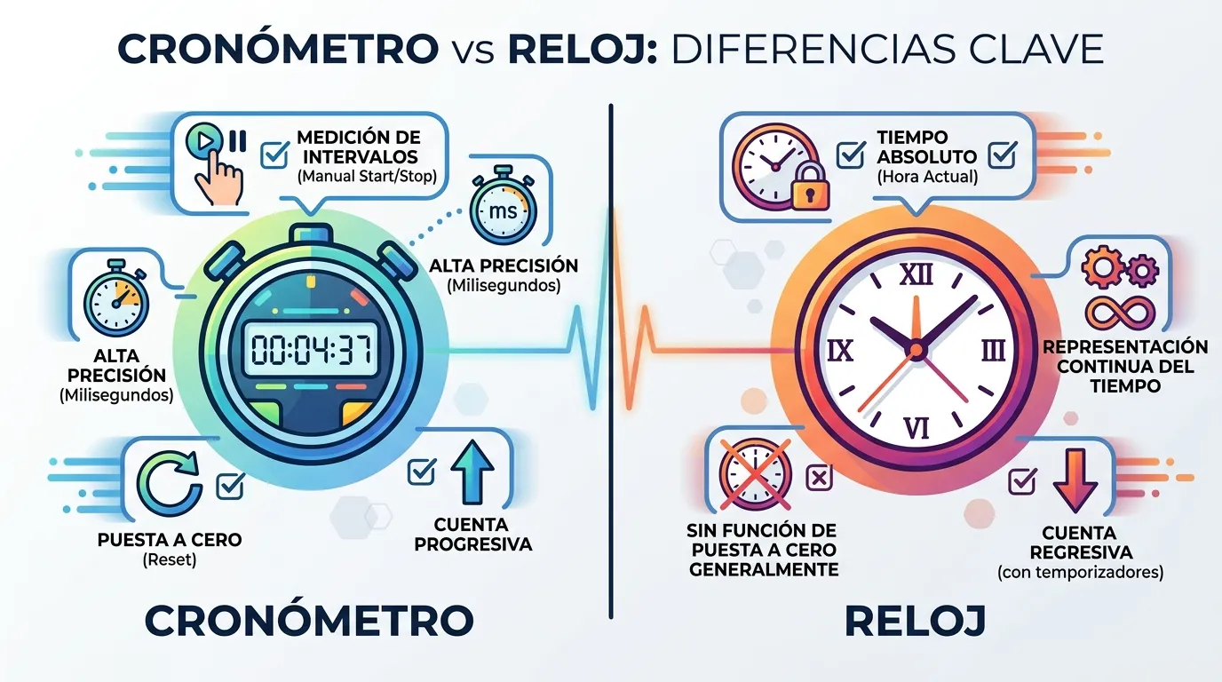 Cronómetro vs reloj diferencias clave